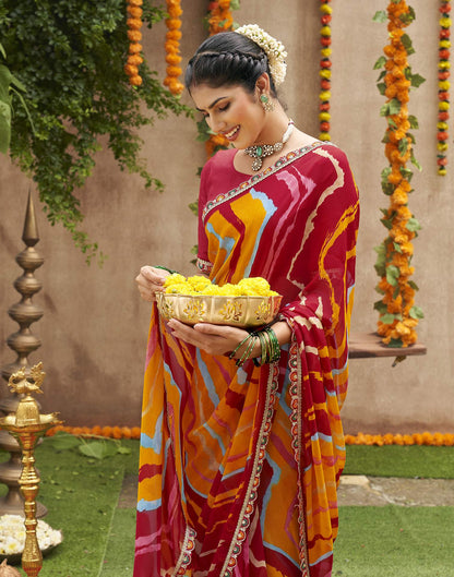 Multicoloured Georgette Printed Bandhani Saree
