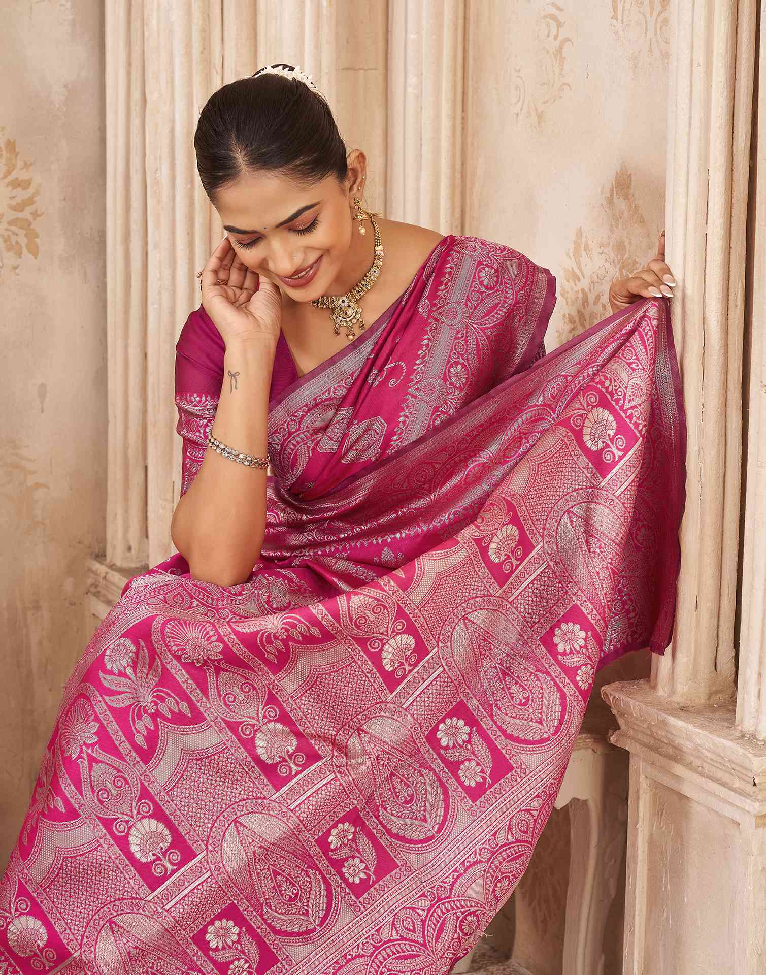 Pink Silk Woven Banarasi Saree