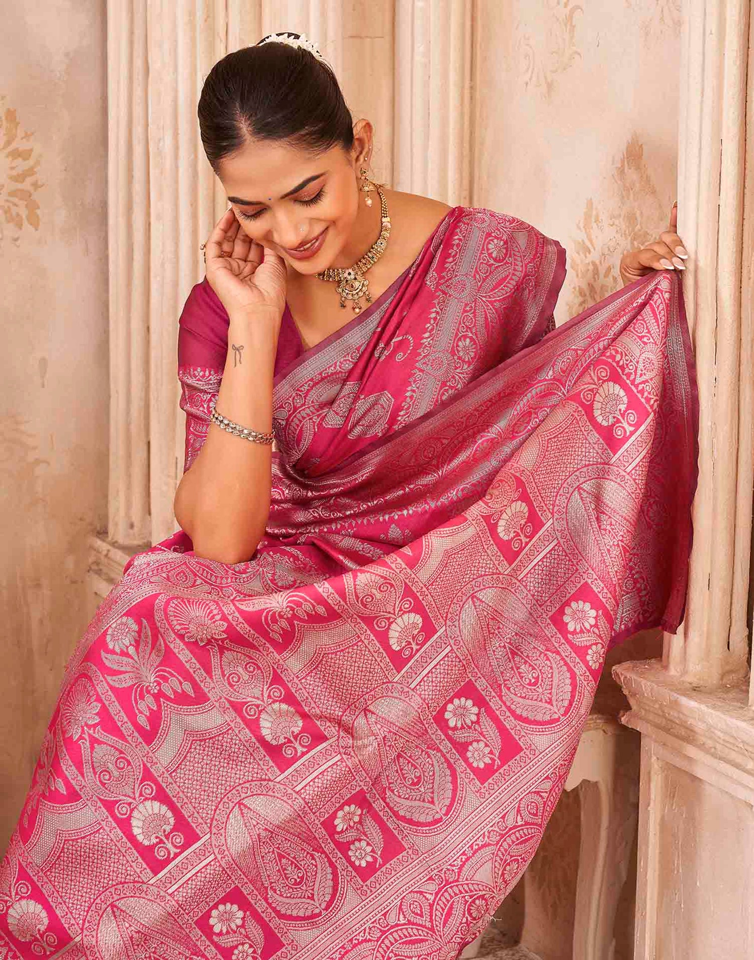 Pink Silk Woven Banarasi Saree