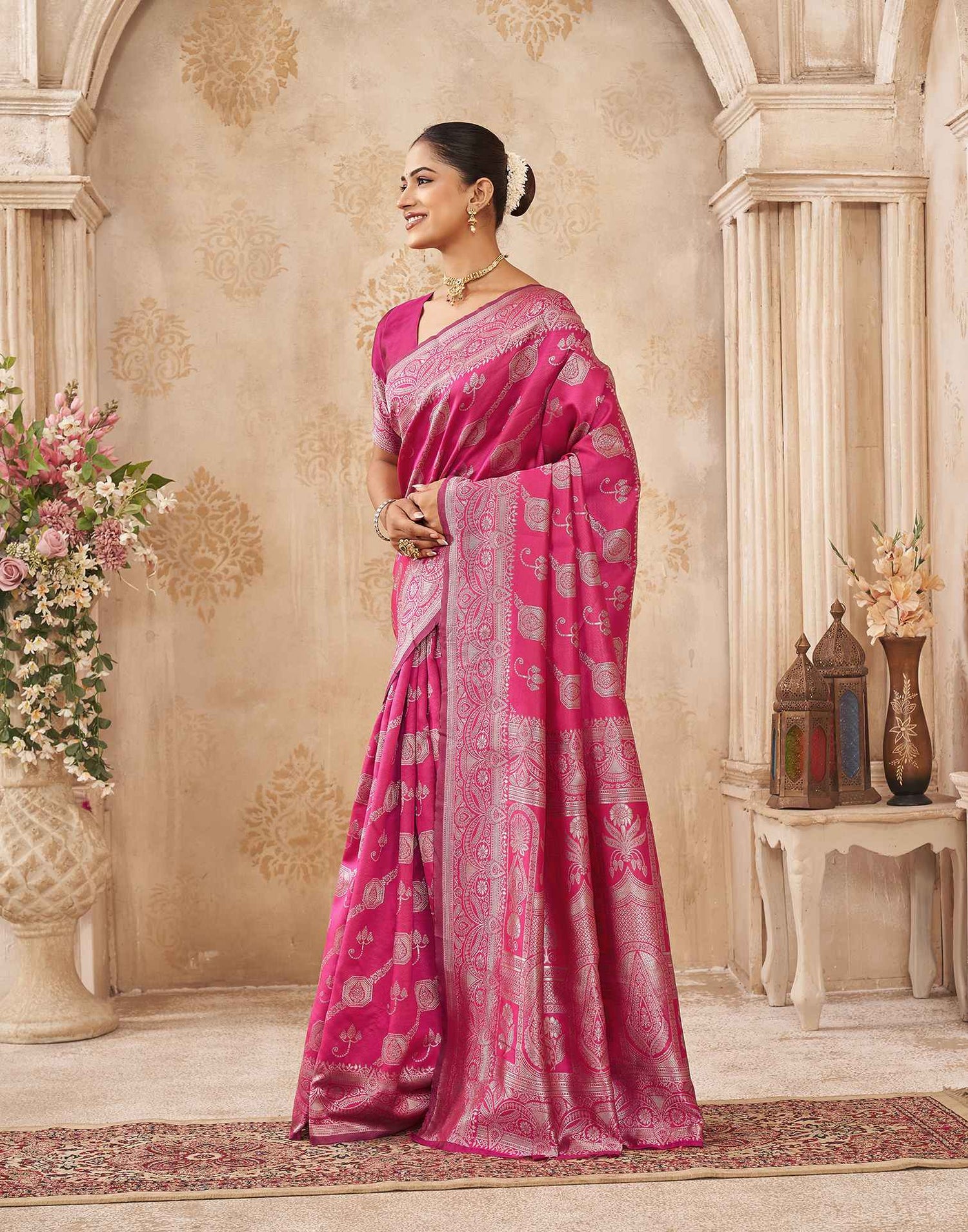 Pink Silk Woven Banarasi Saree