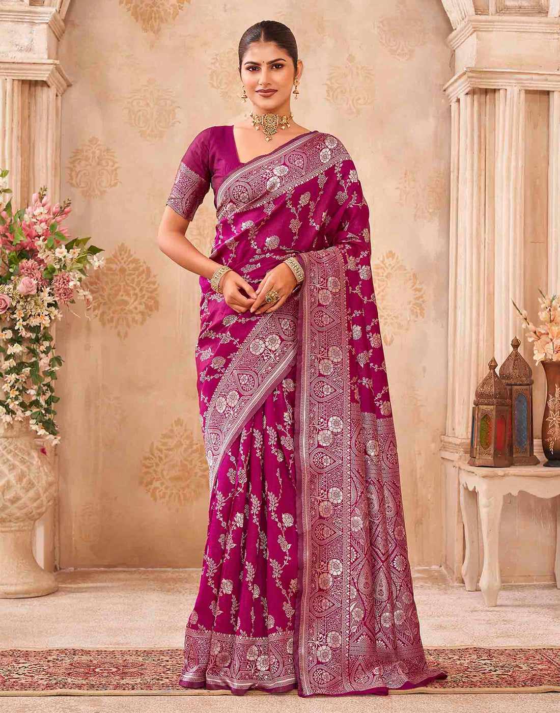 Magenta Silk Woven Banarasi Saree