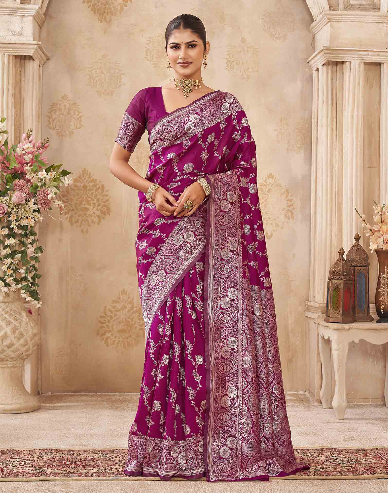 Magenta Silk Woven Banarasi Saree