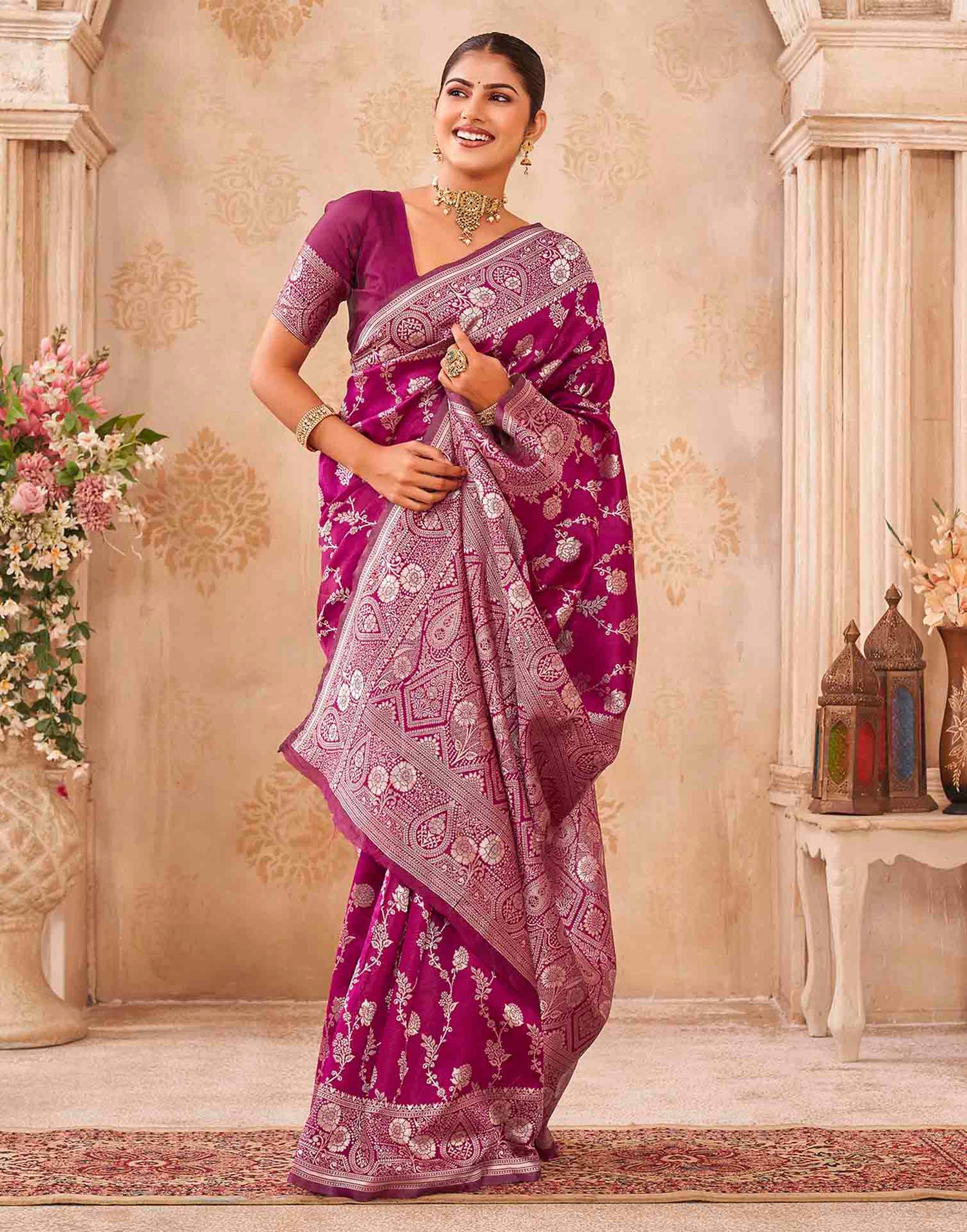 Magenta Silk Woven Banarasi Saree