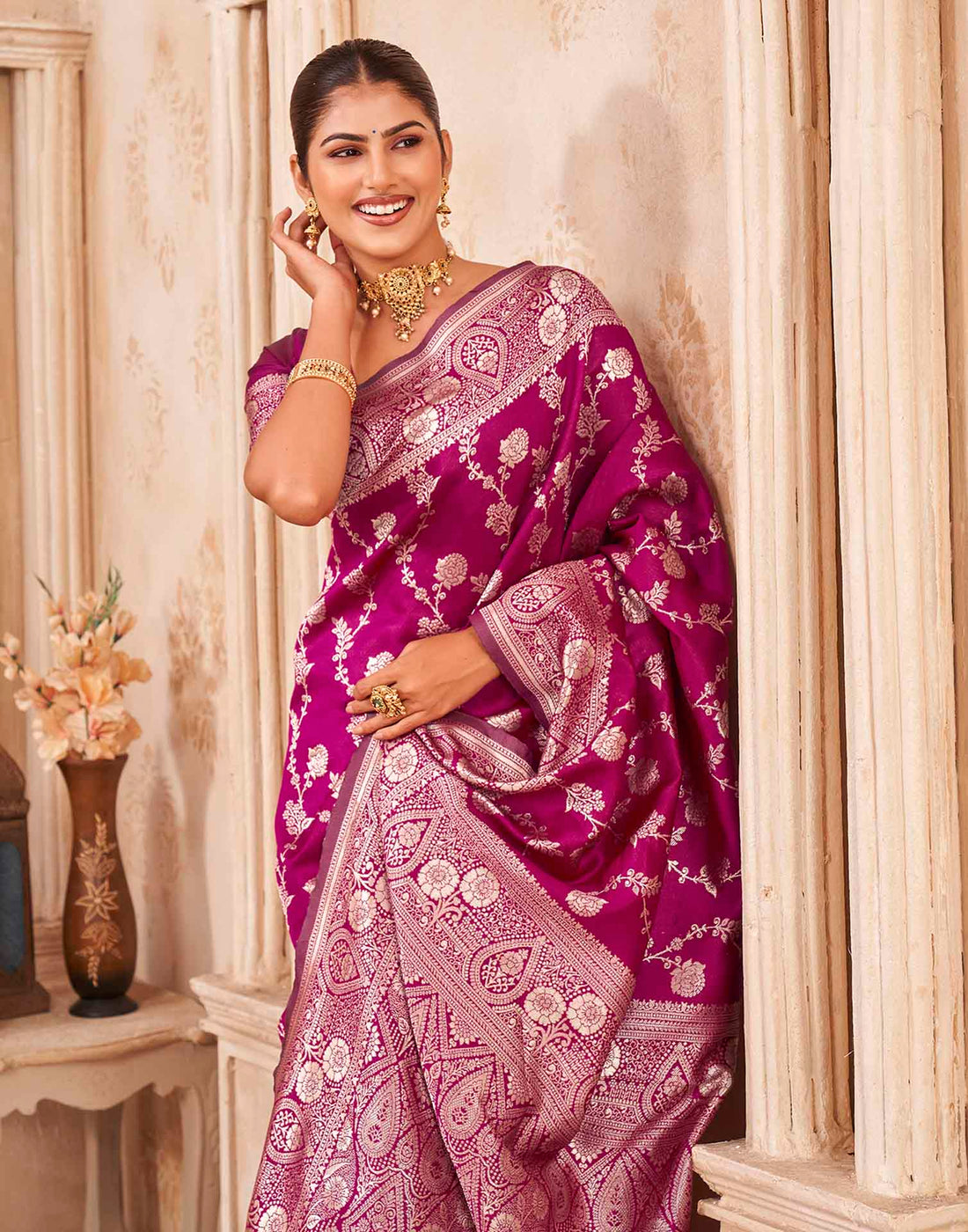 Magenta Silk Woven Banarasi Saree