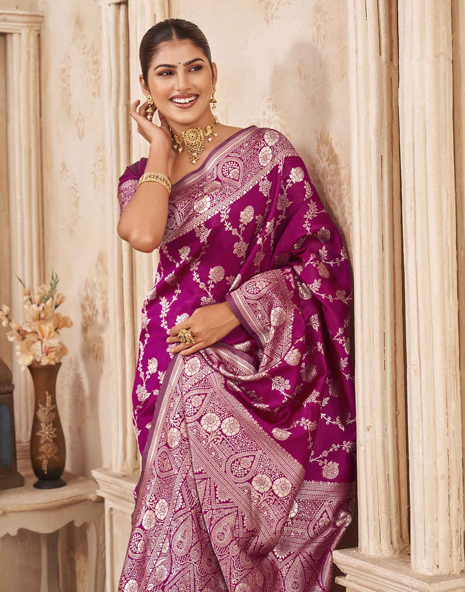Magenta Silk Woven Banarasi Saree