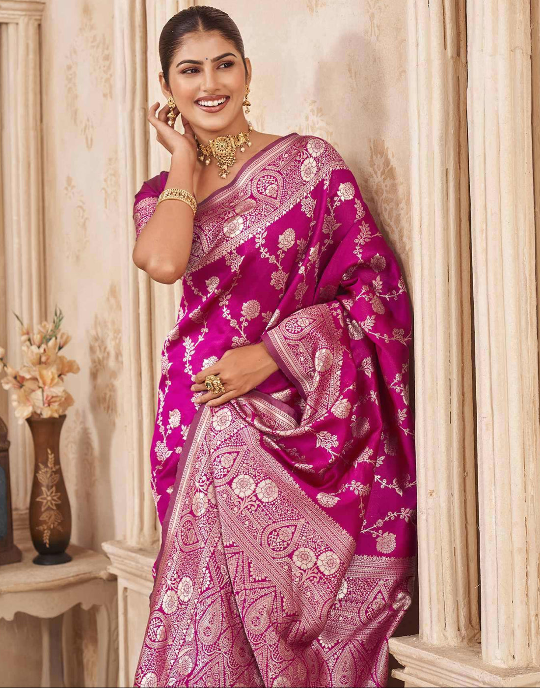 Magenta Silk Woven Banarasi Saree