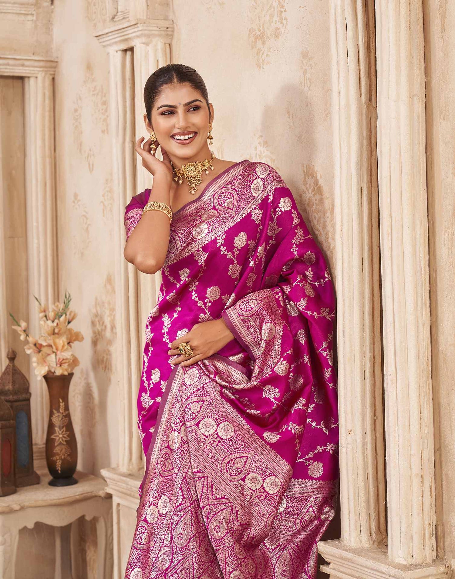 Magenta Silk Woven Banarasi Saree