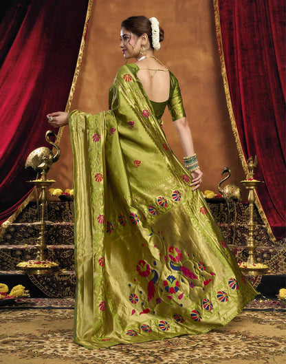 Parrot Green Silk Woven Paithani Saree