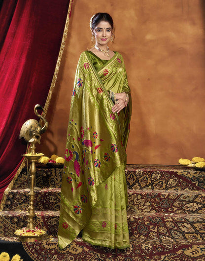 Parrot Green Silk Woven Paithani Saree