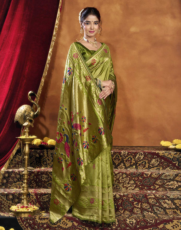 Parrot Green Silk Woven Paithani Saree