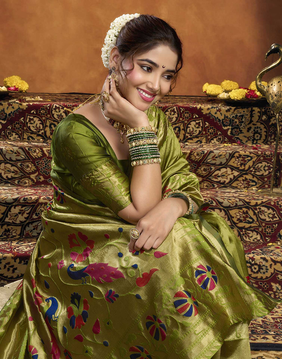 Parrot Green Silk Woven Paithani Saree