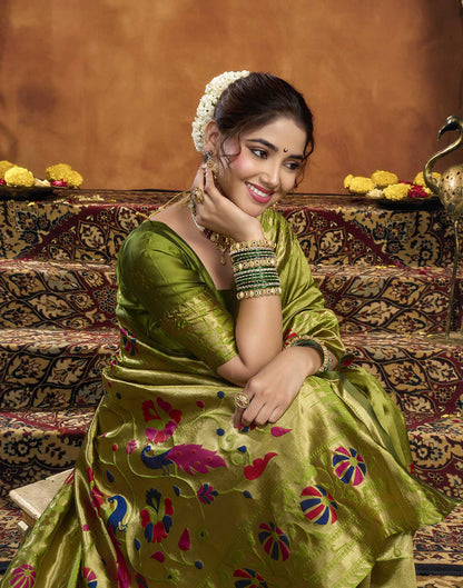 Parrot Green Silk Woven Paithani Saree