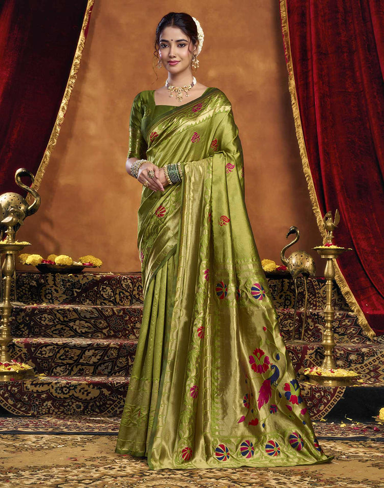 Parrot Green Silk Woven Paithani Saree