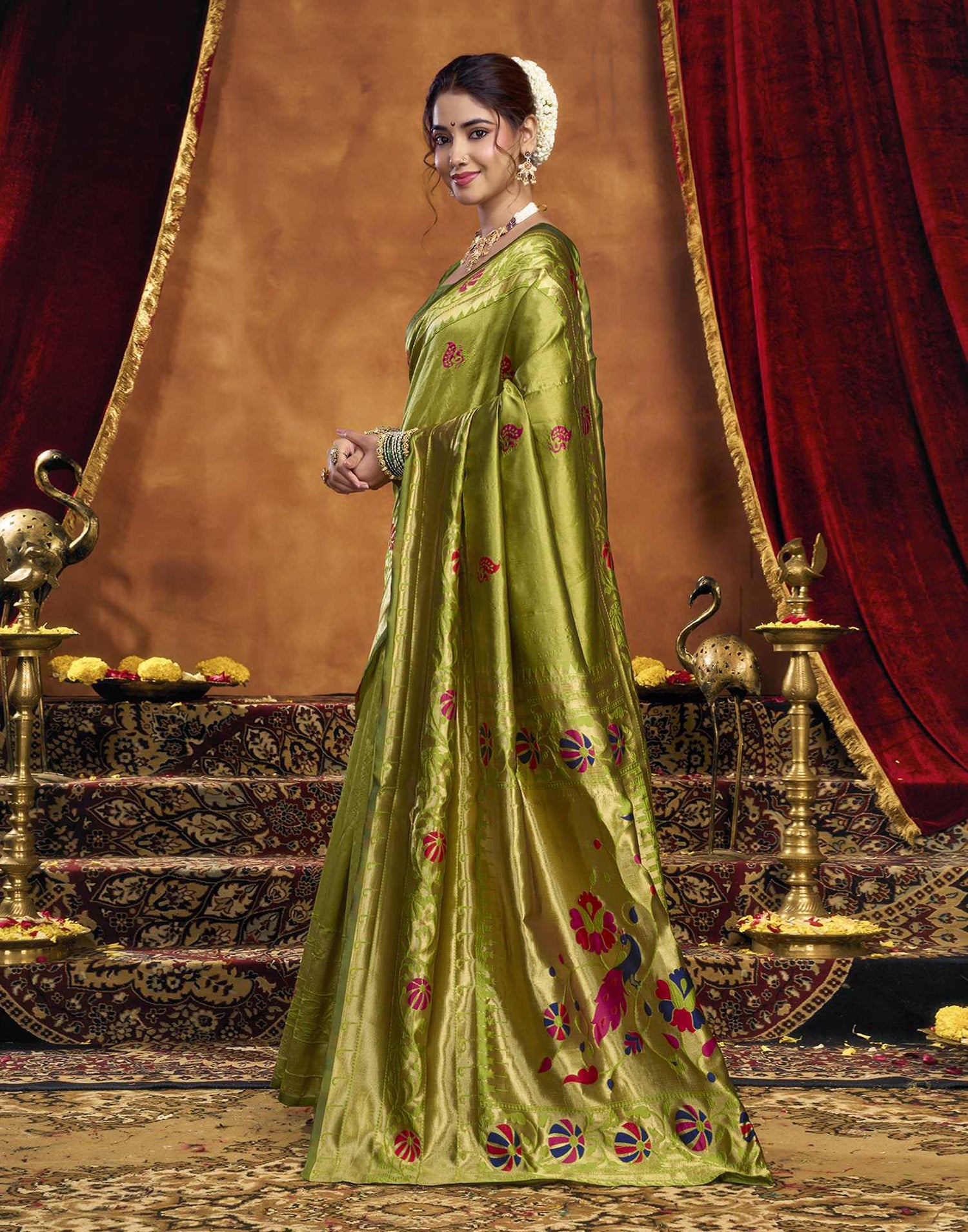 Parrot Green Silk Woven Paithani Saree