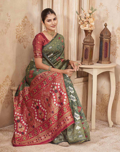 Green,Red Silk Woven Banarasi Saree