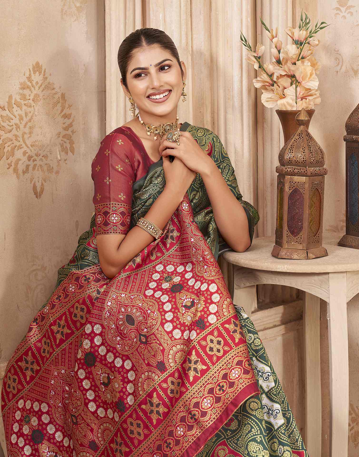 Green,Red Silk Woven Banarasi Saree