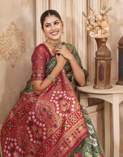 Green,Red Silk Woven Banarasi Saree