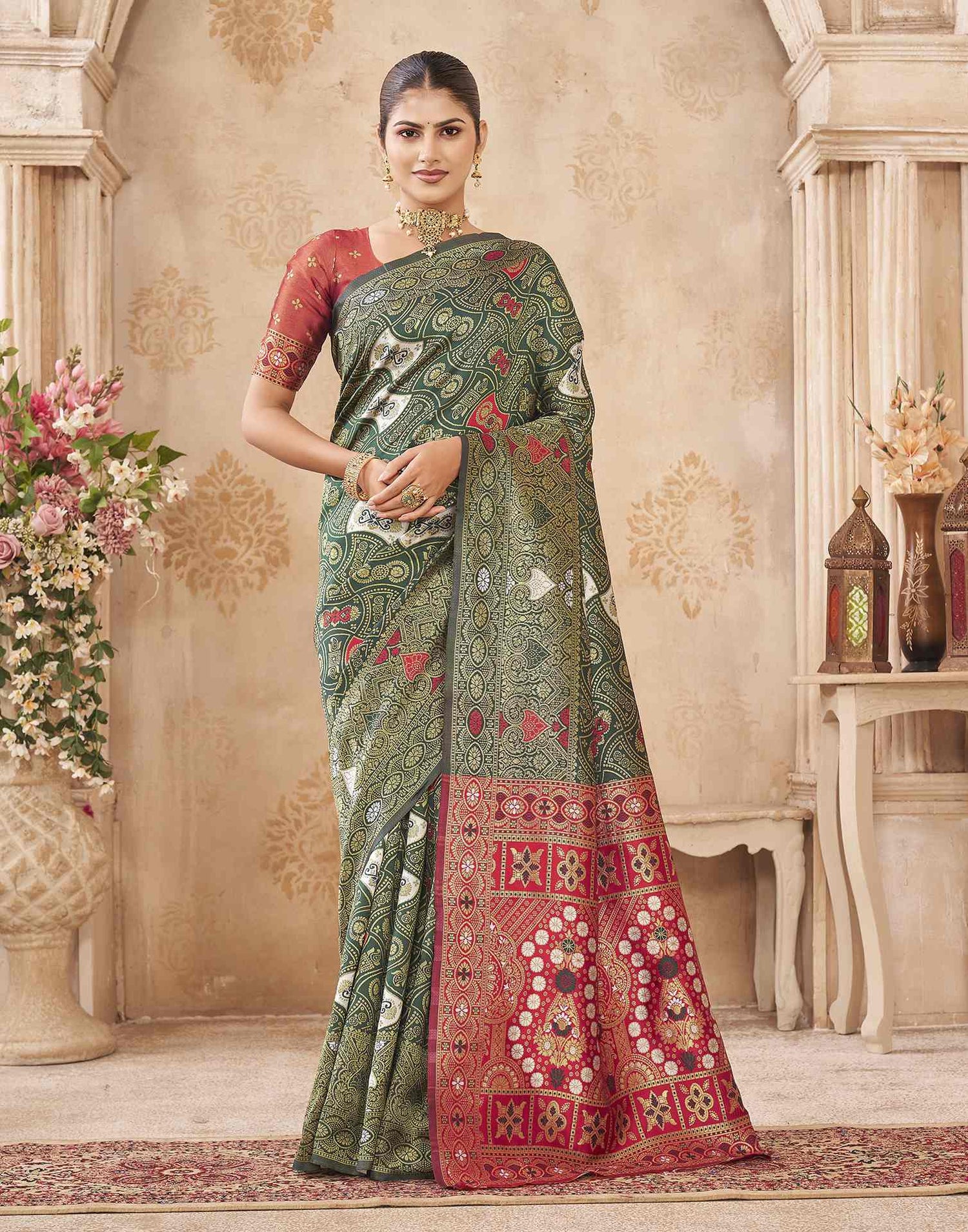 Green,Red Silk Woven Banarasi Saree