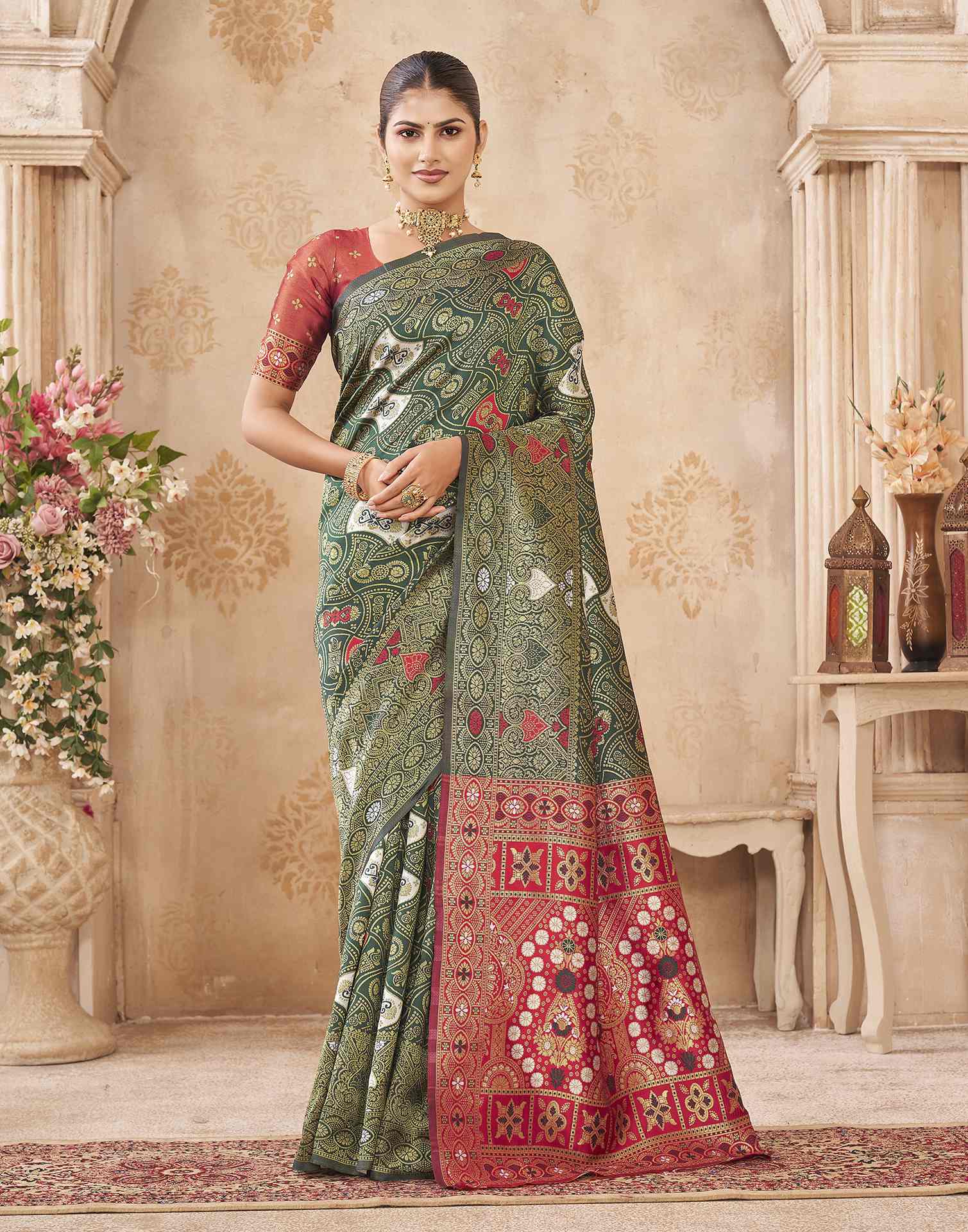 Green,Red Silk Woven Banarasi Saree