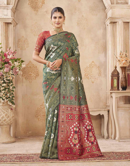 Green,Red Silk Woven Banarasi Saree