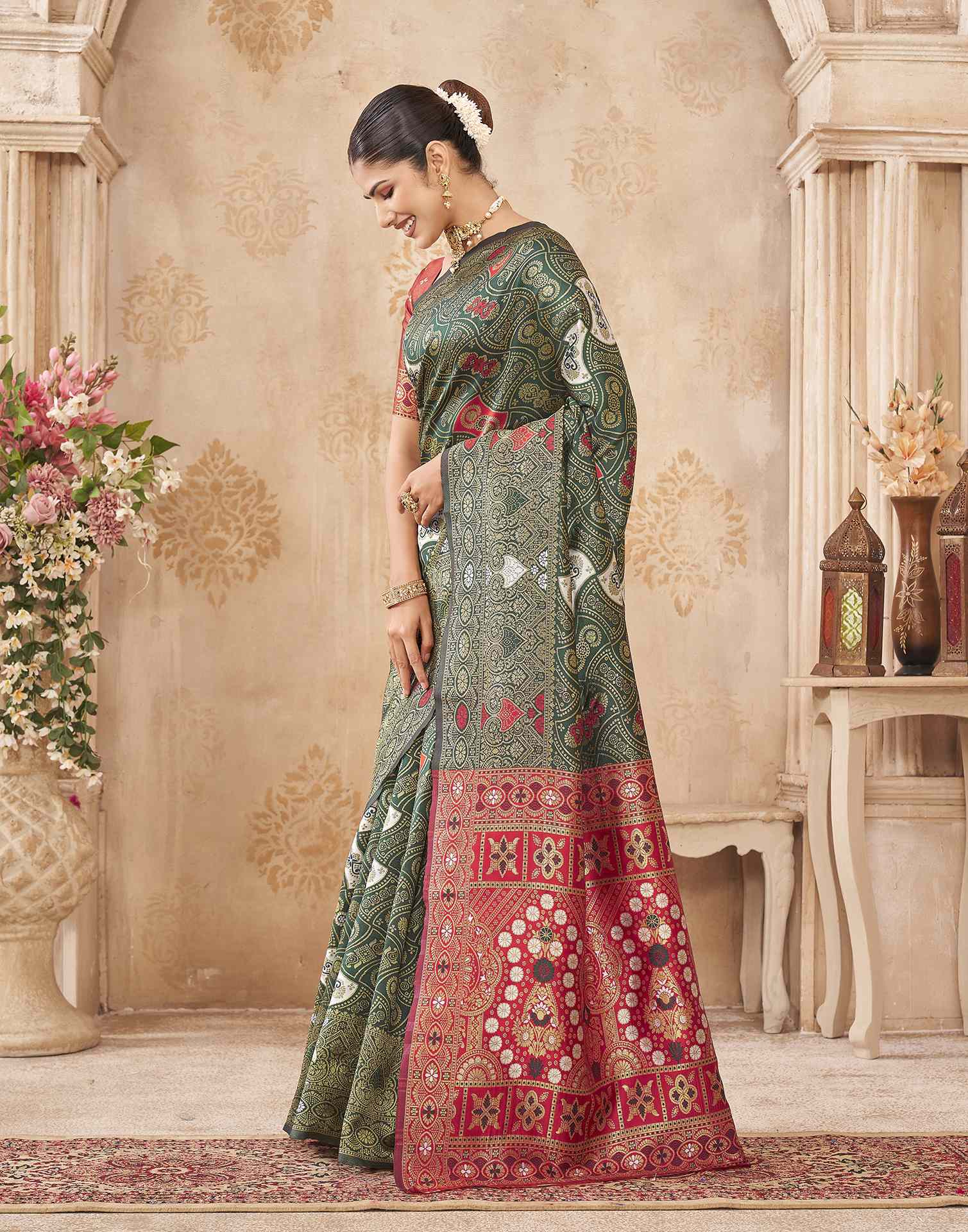 Green,Red Silk Woven Banarasi Saree