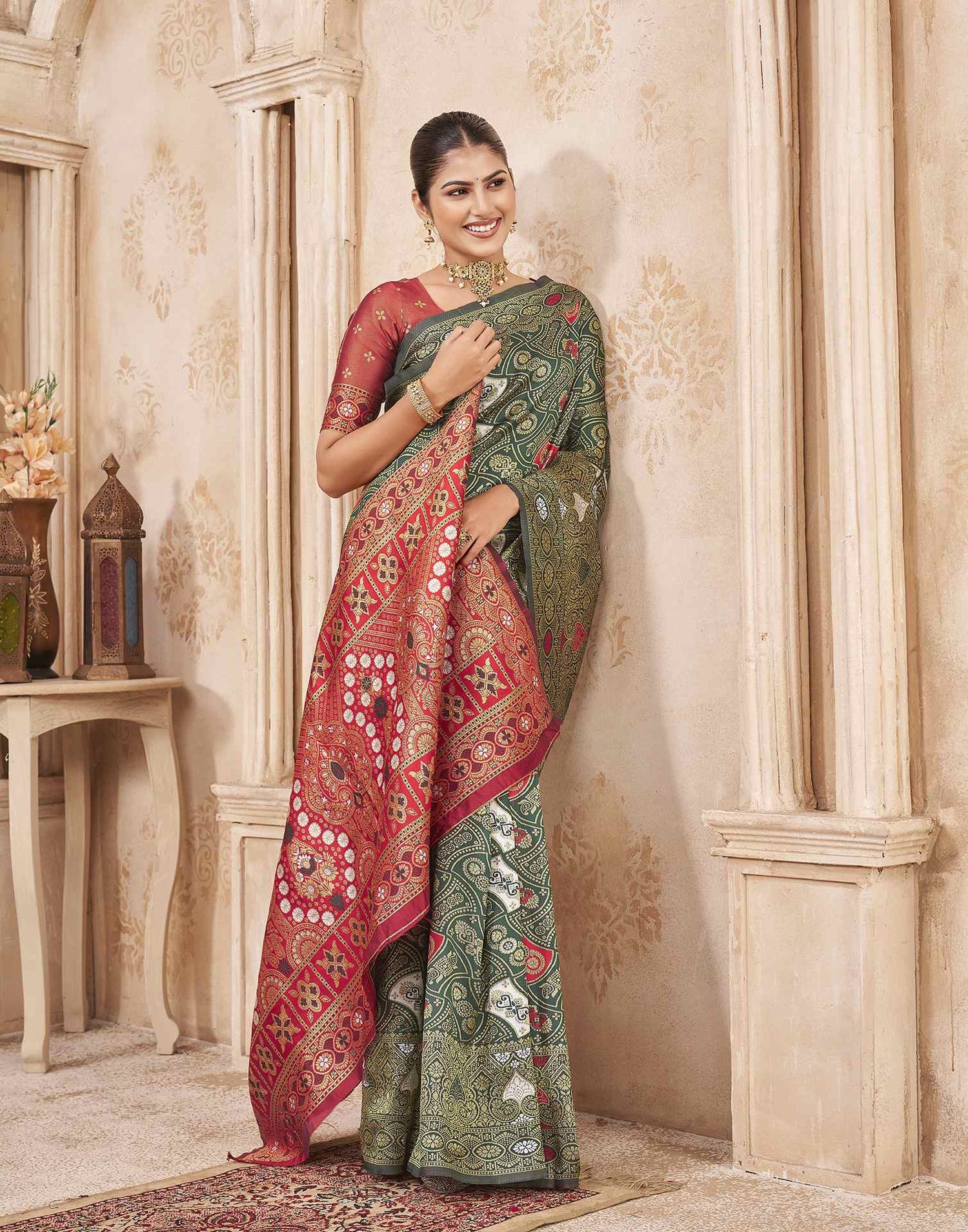 Green,Red Silk Woven Banarasi Saree