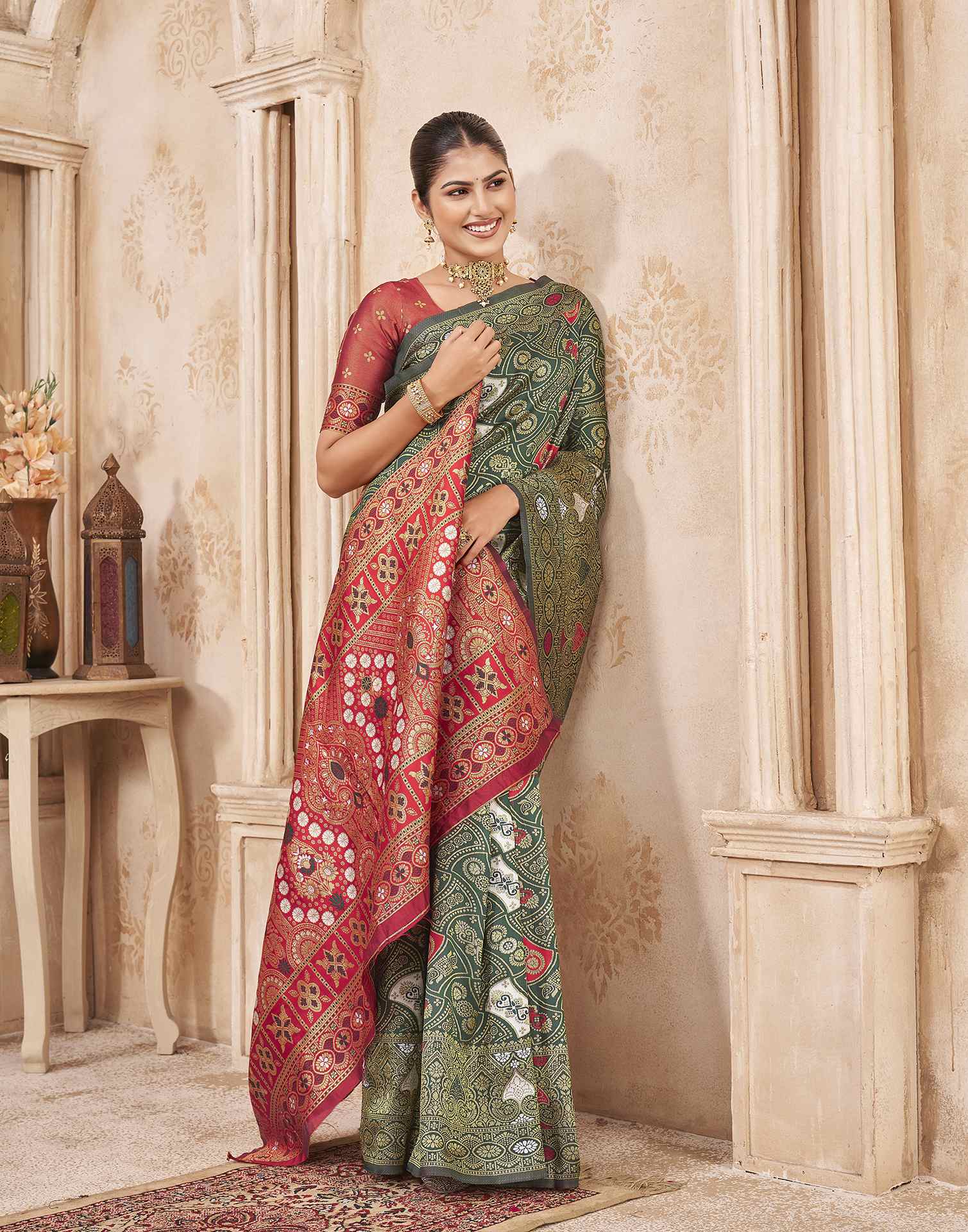 Green,Red Silk Woven Banarasi Saree
