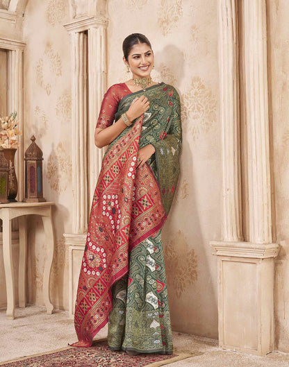 Green,Red Silk Woven Banarasi Saree