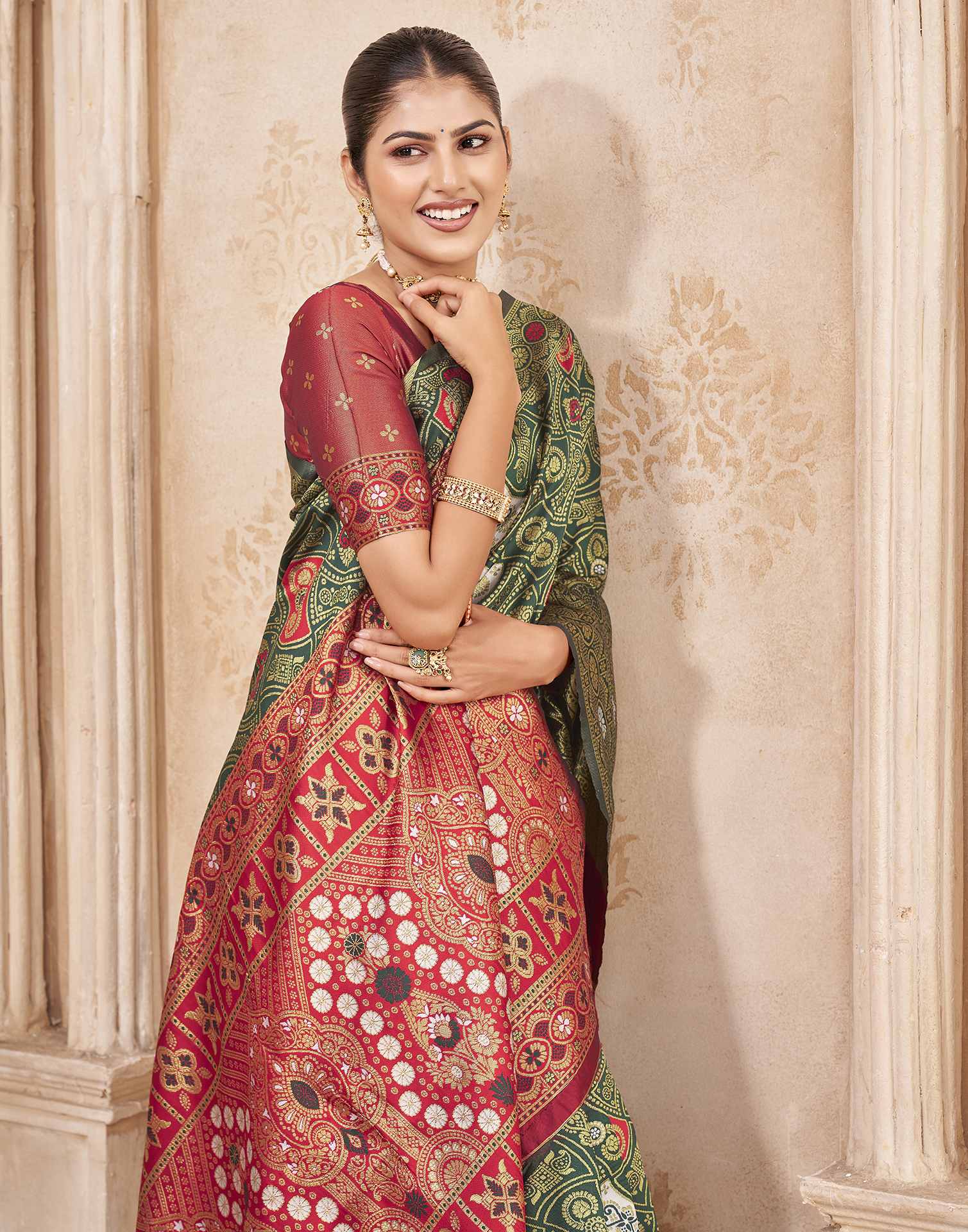 Green,Red Silk Woven Banarasi Saree