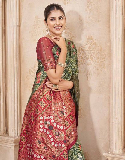 Green,Red Silk Woven Banarasi Saree