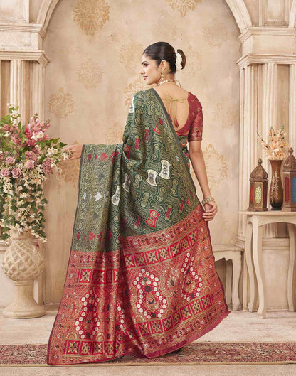 Green,Red Silk Woven Banarasi Saree