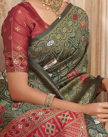 Green,Red Silk Woven Banarasi Saree