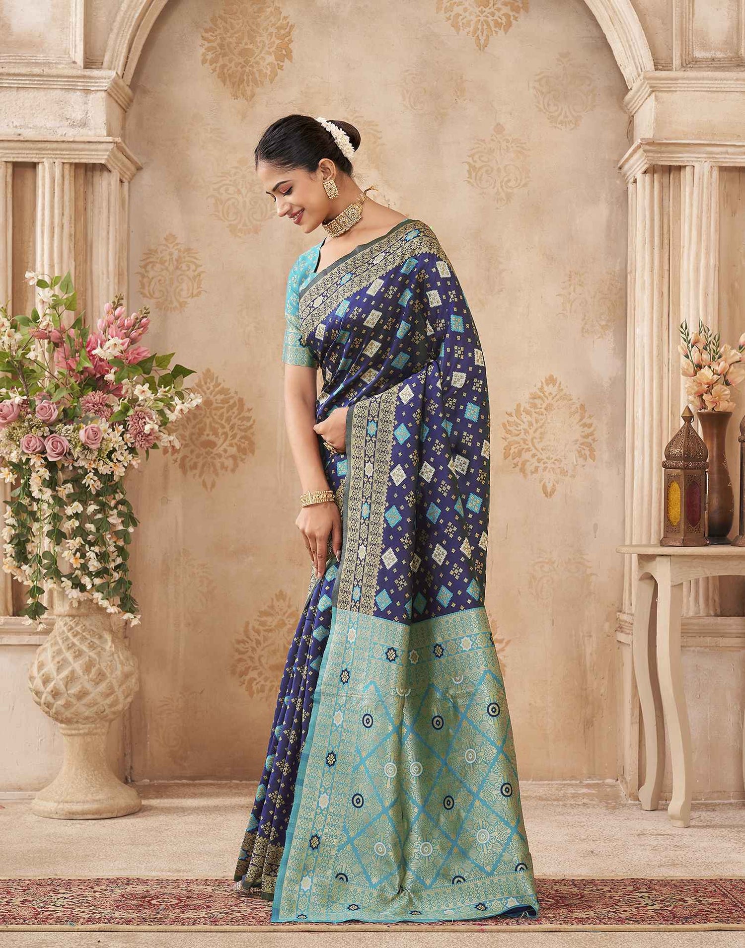 Navy Blue Silk Woven Banarasi Saree