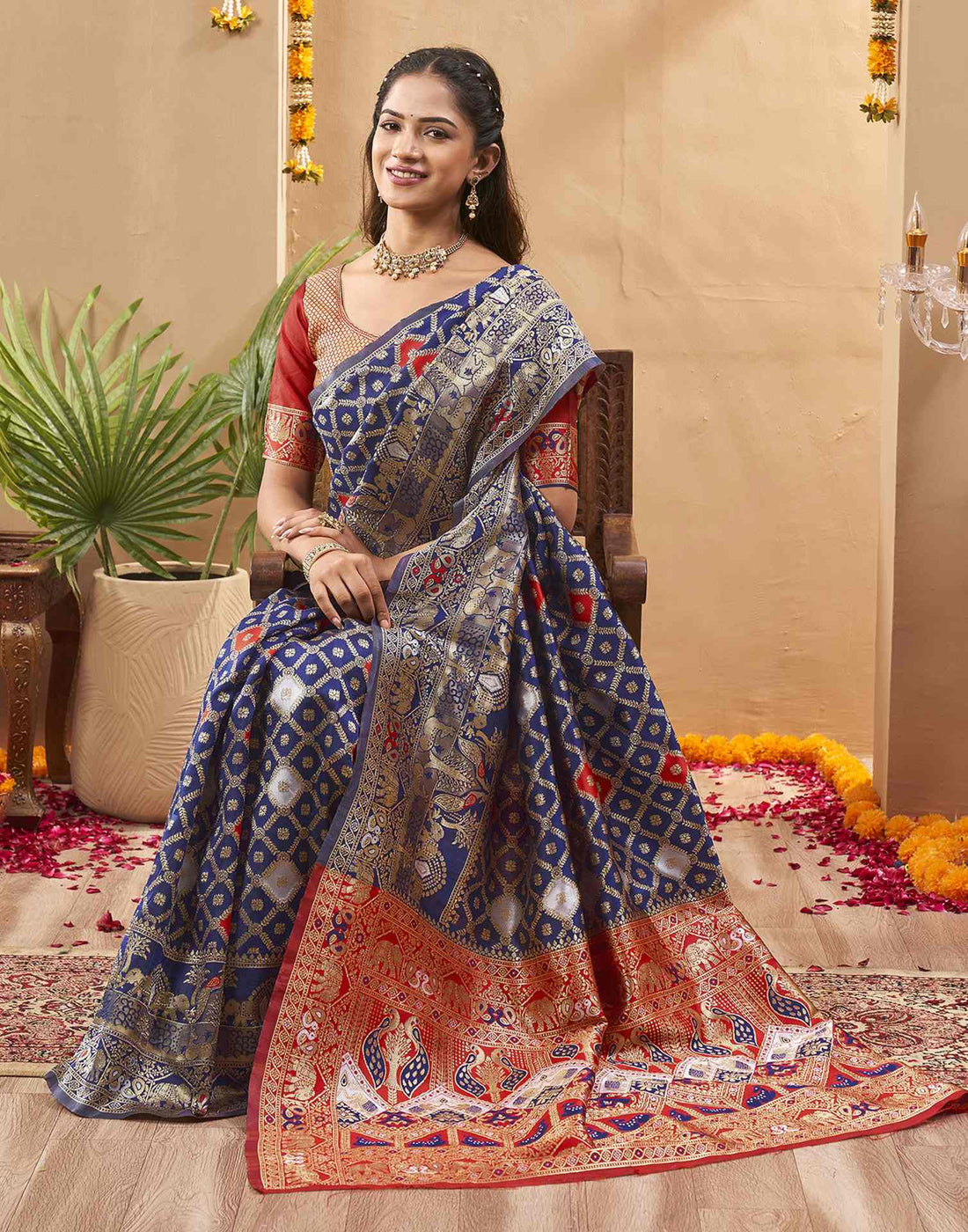 Navy Blue Silk Woven Banarasi Saree