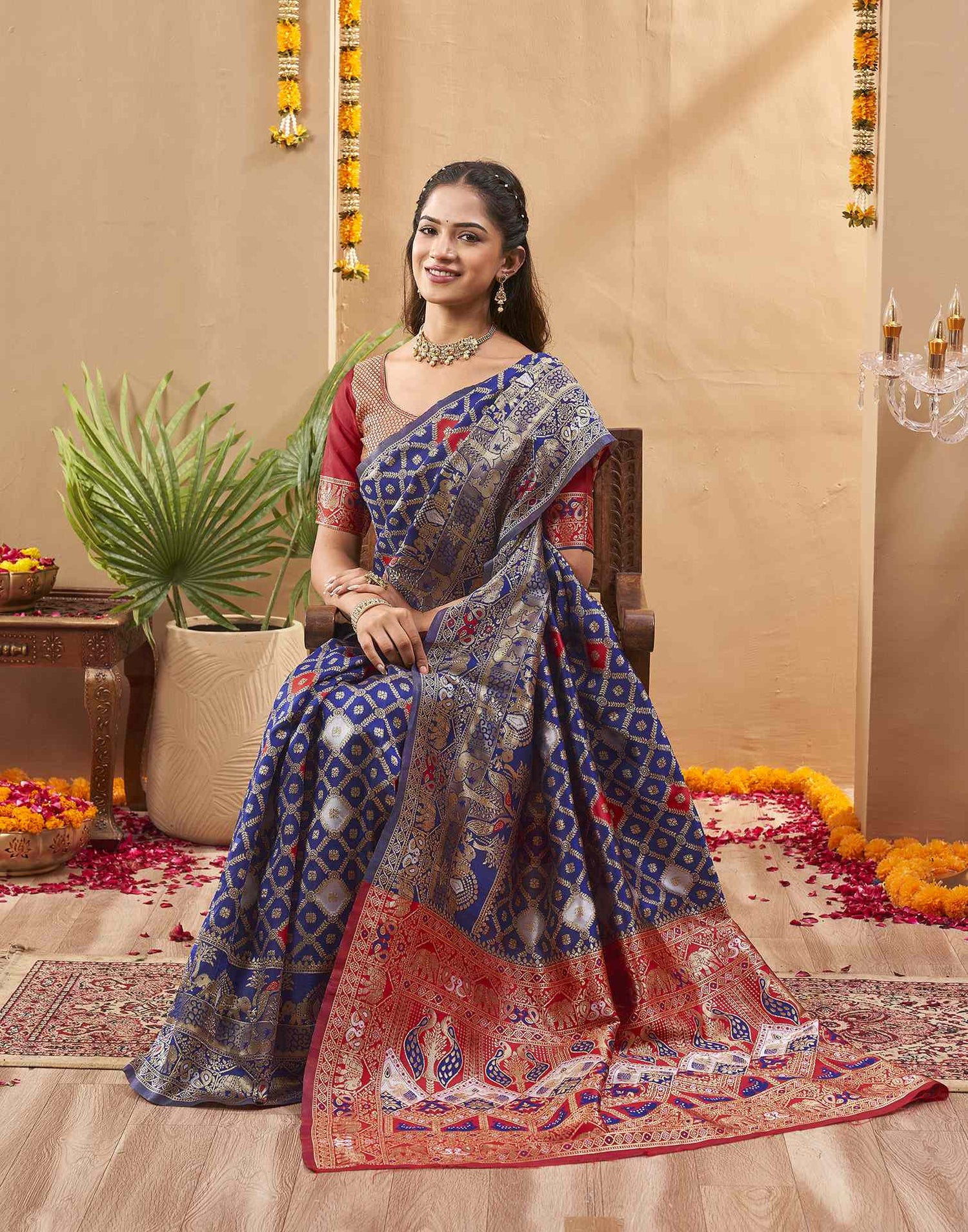 Navy Blue Silk Woven Banarasi Saree