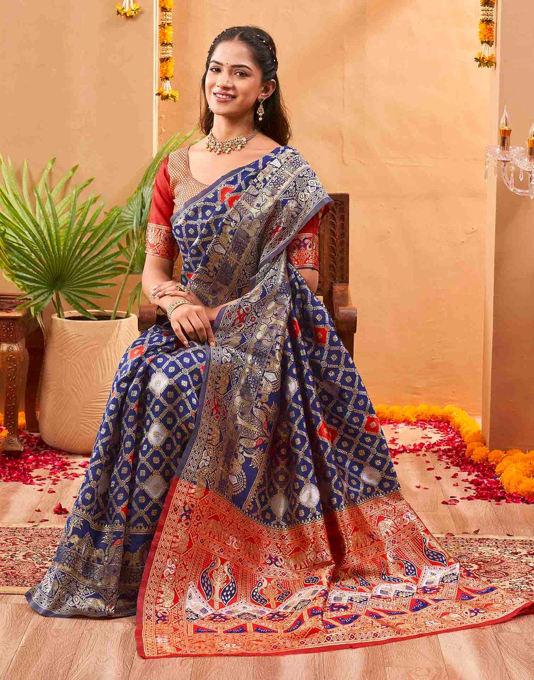 Navy Blue Silk Woven Banarasi Saree