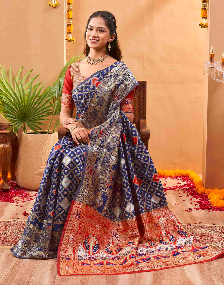 Navy Blue Silk Woven Banarasi Saree