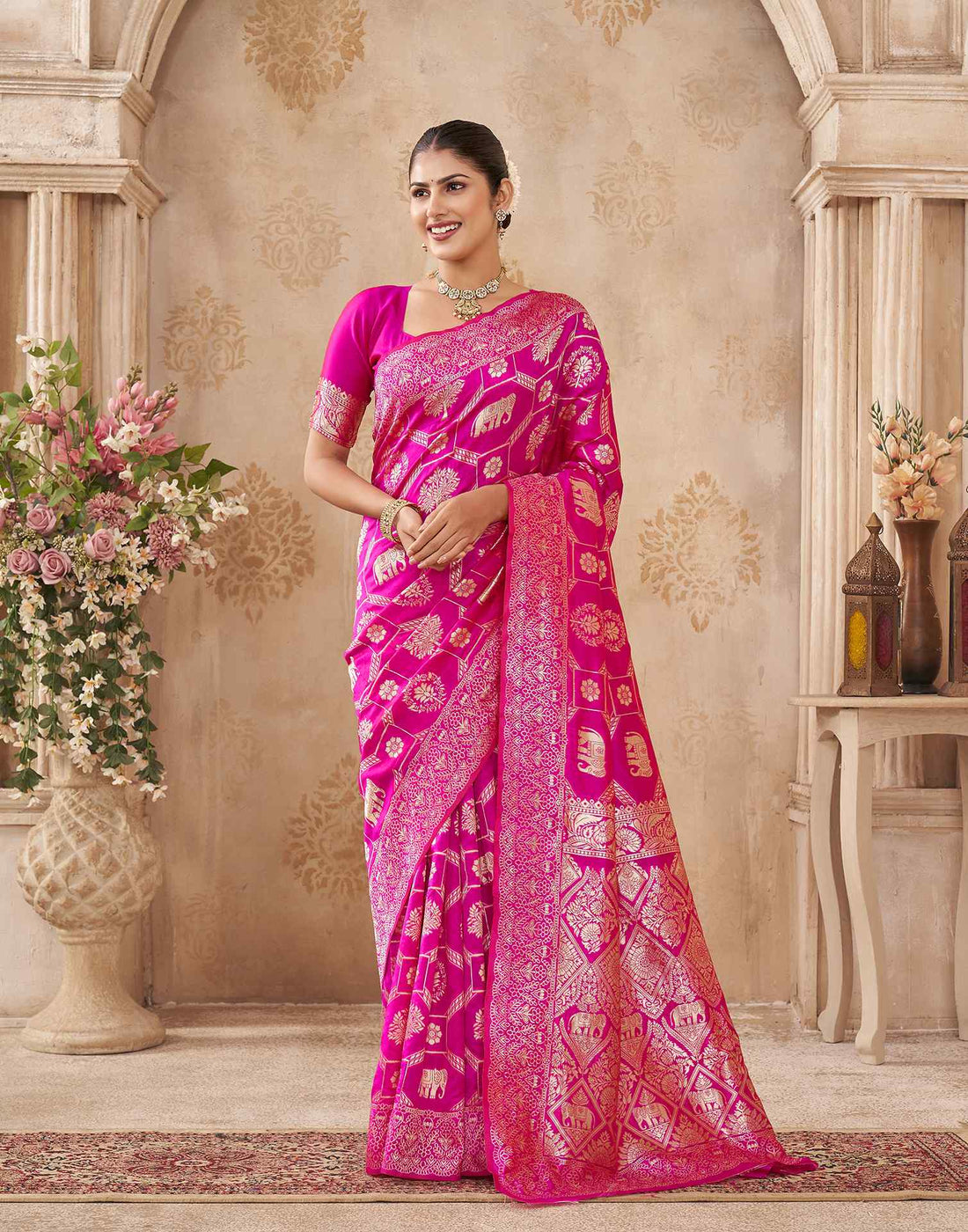 Pink Silk Woven Banarasi Saree