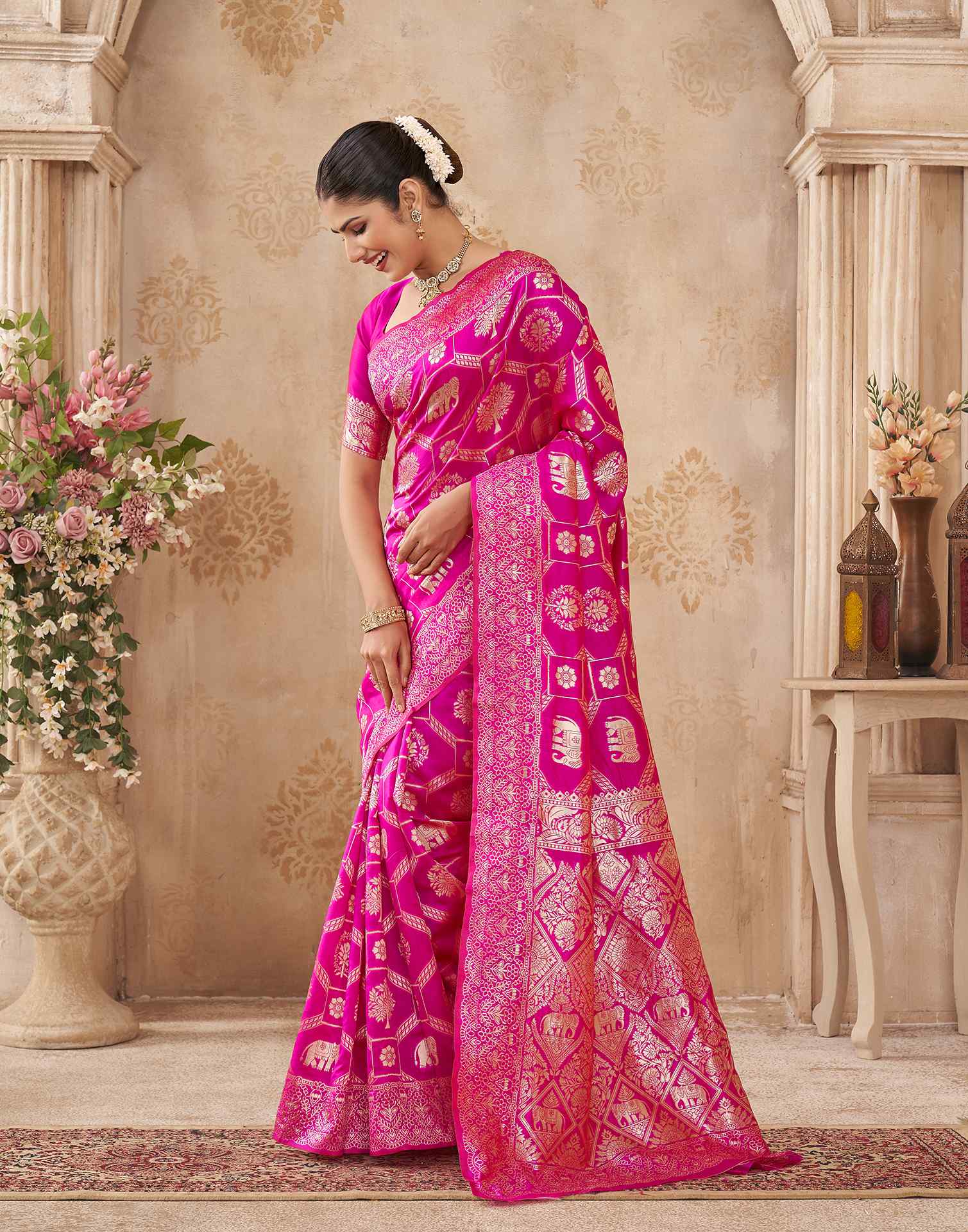Pink Silk Woven Banarasi Saree