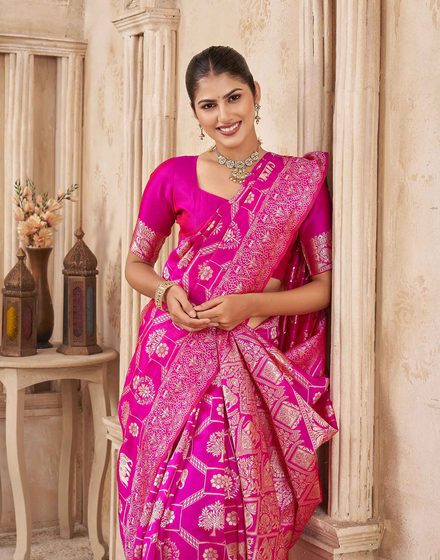 Pink Silk Woven Banarasi Saree