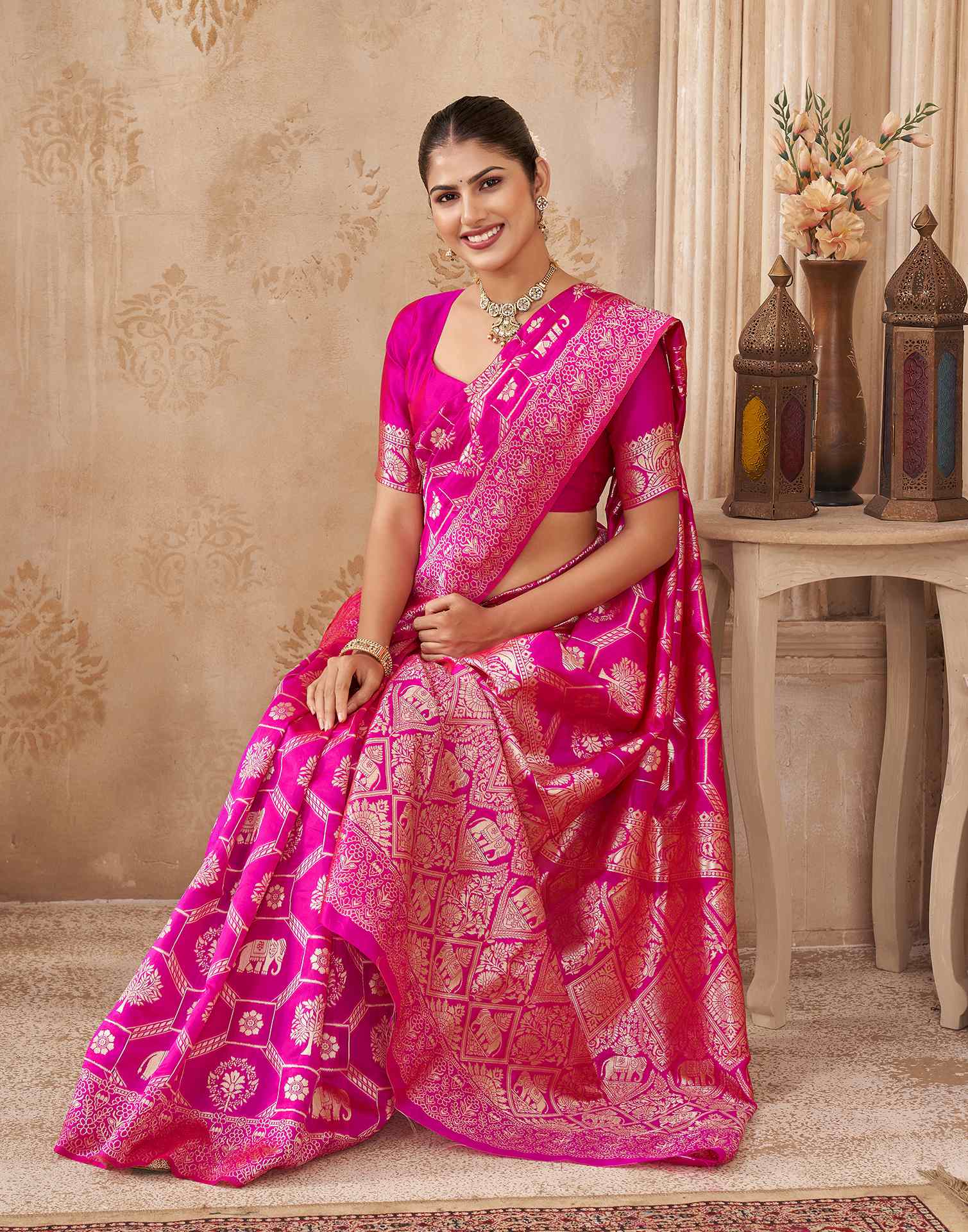 Pink Silk Woven Banarasi Saree