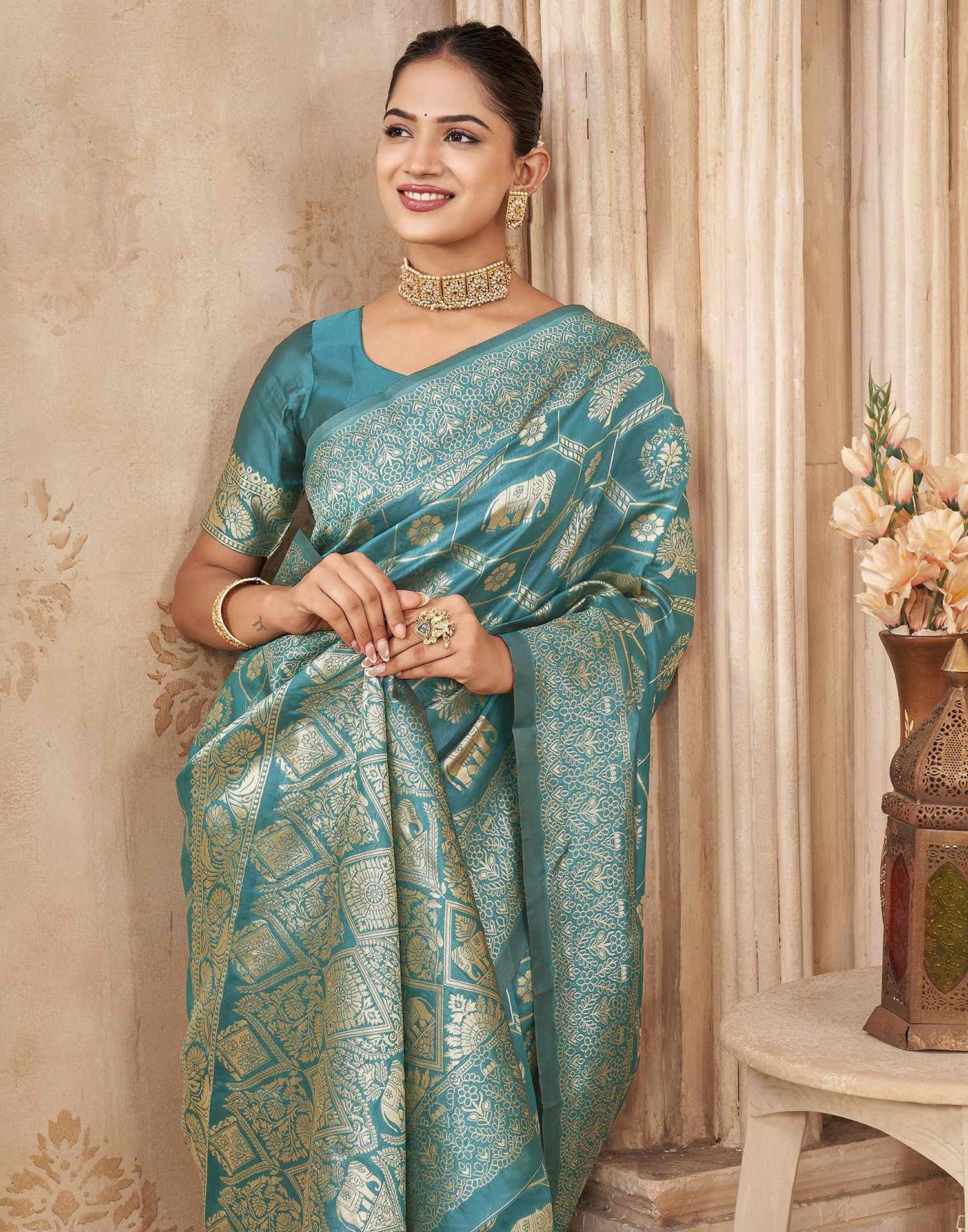 Turquoise Silk Woven Banarasi Saree