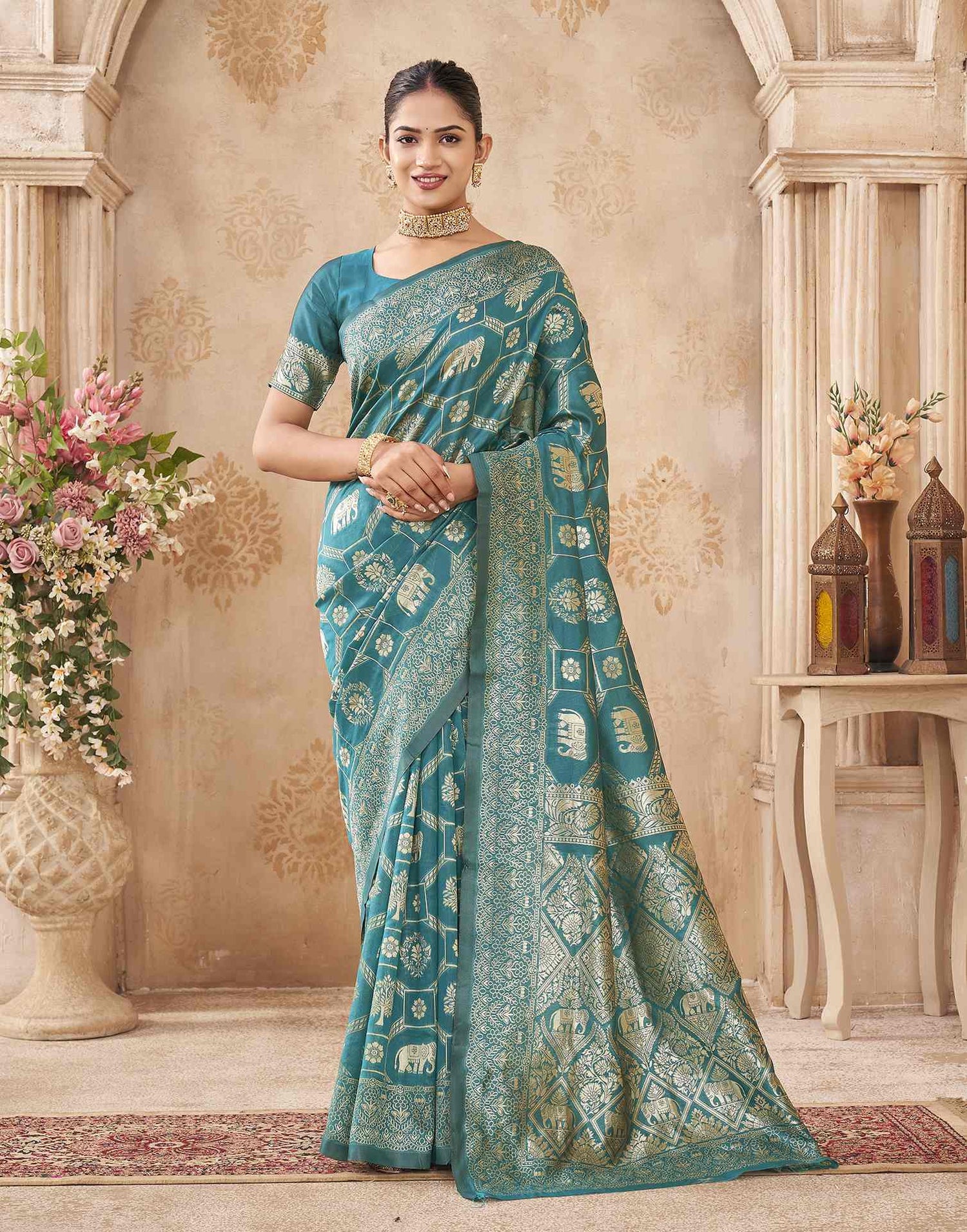 Turquoise Silk Woven Banarasi Saree