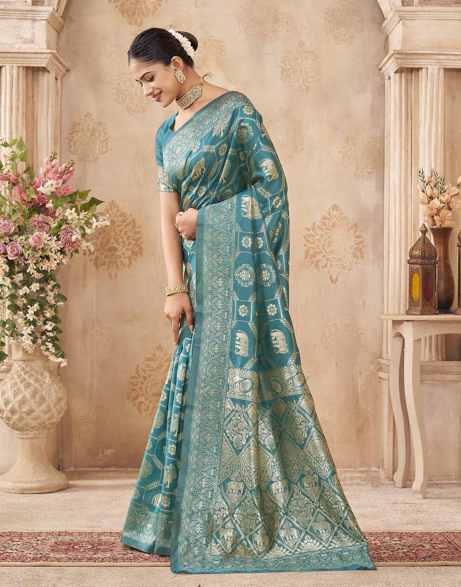 Turquoise Silk Woven Banarasi Saree