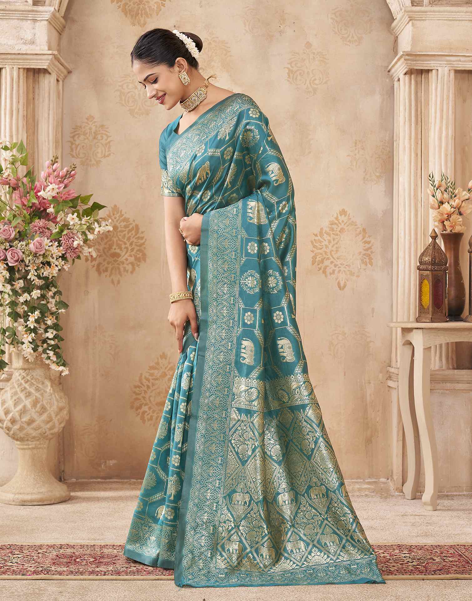 Turquoise Silk Woven Banarasi Saree