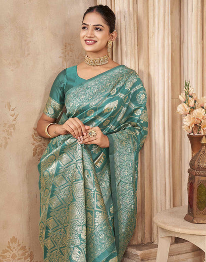 Turquoise Silk Woven Banarasi Saree