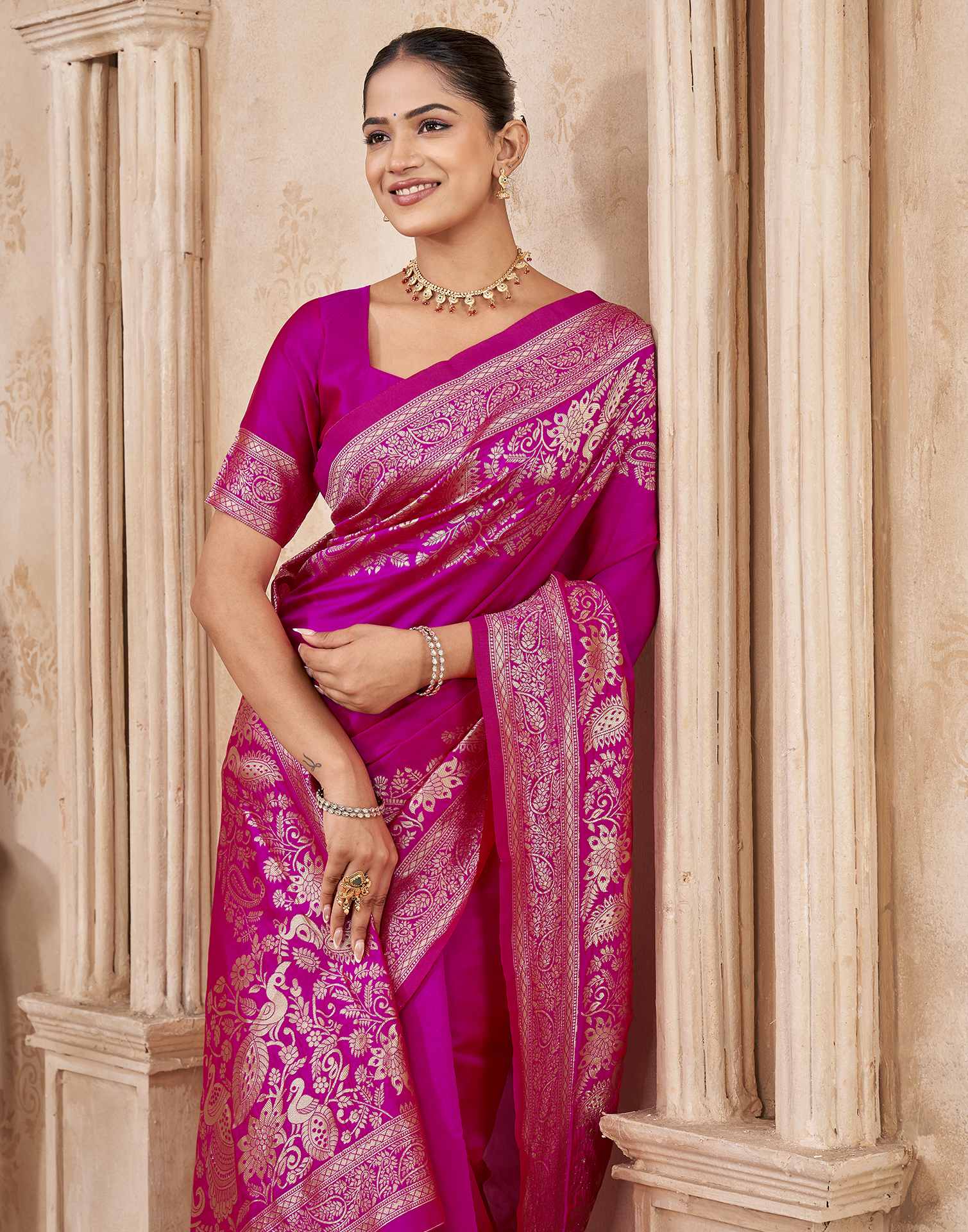 Dark Pink Silk Woven Banarasi Saree