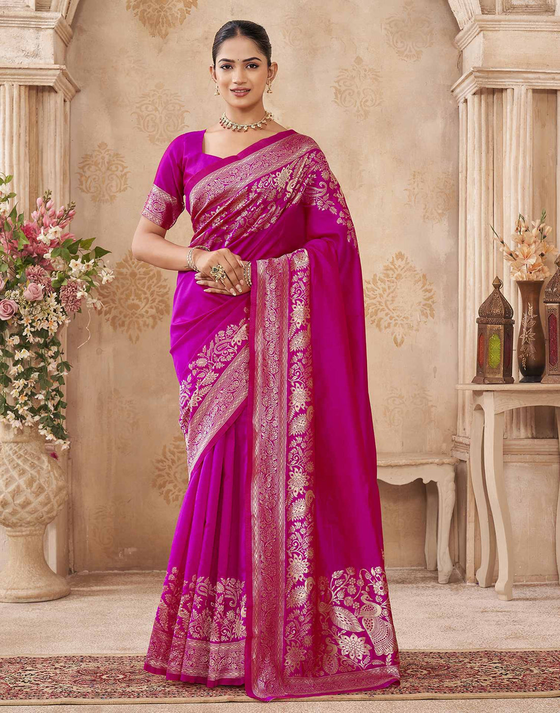Dark Pink Silk Woven Banarasi Saree