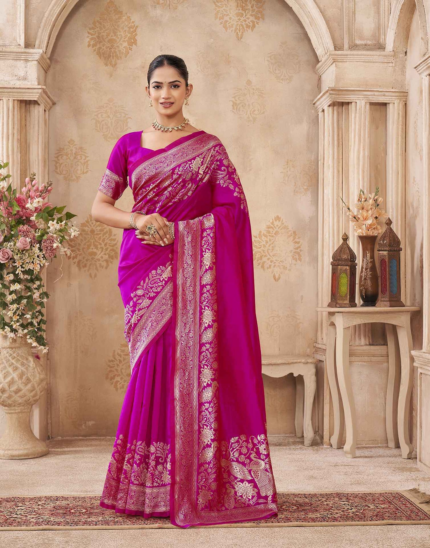 Dark Pink Silk Woven Banarasi Saree