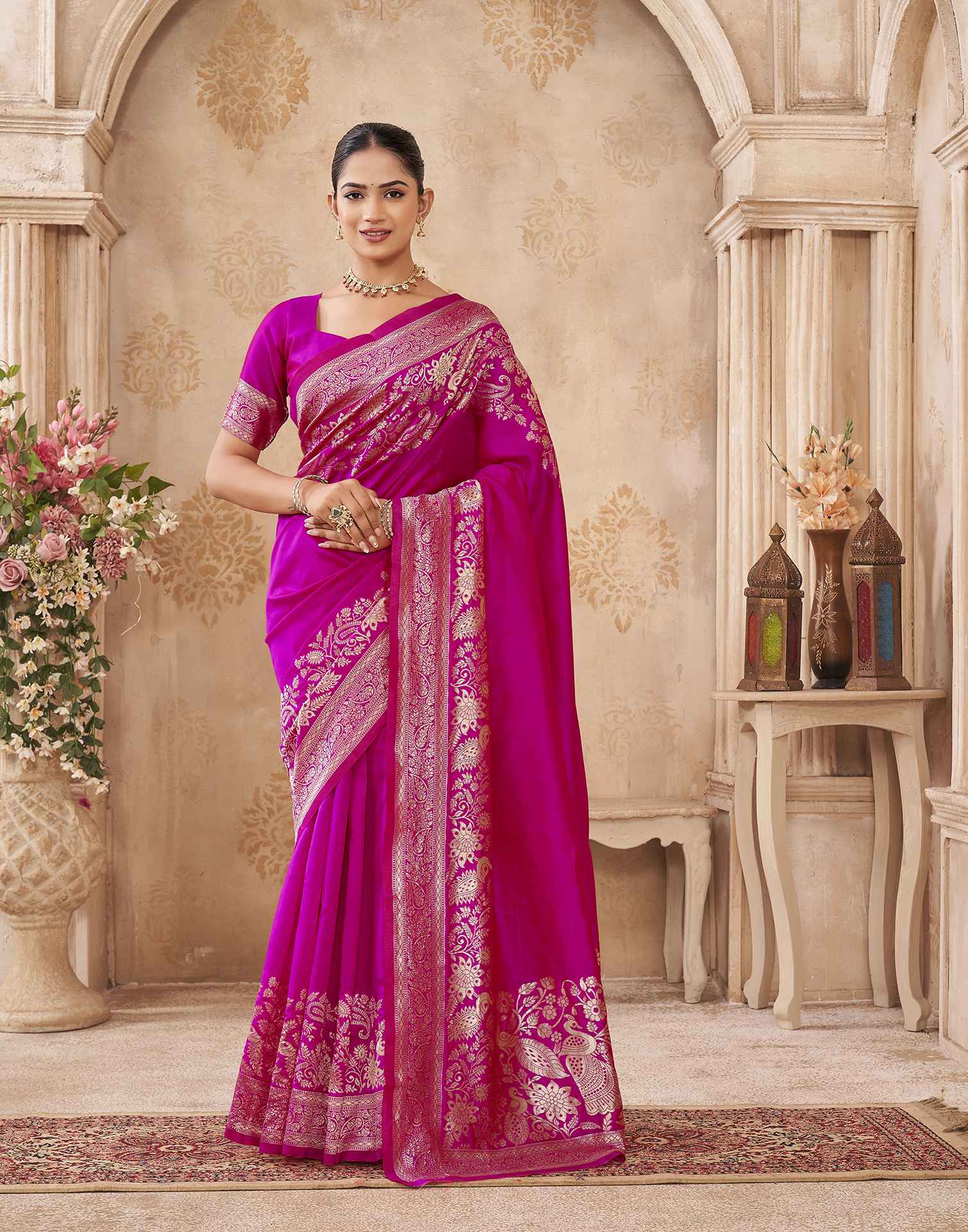 Dark Pink Silk Woven Banarasi Saree